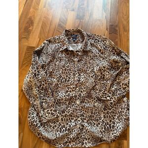 Chaps No Iron Leopard Print Button Down Shirt Brown Black Animal Print PLUS 2X